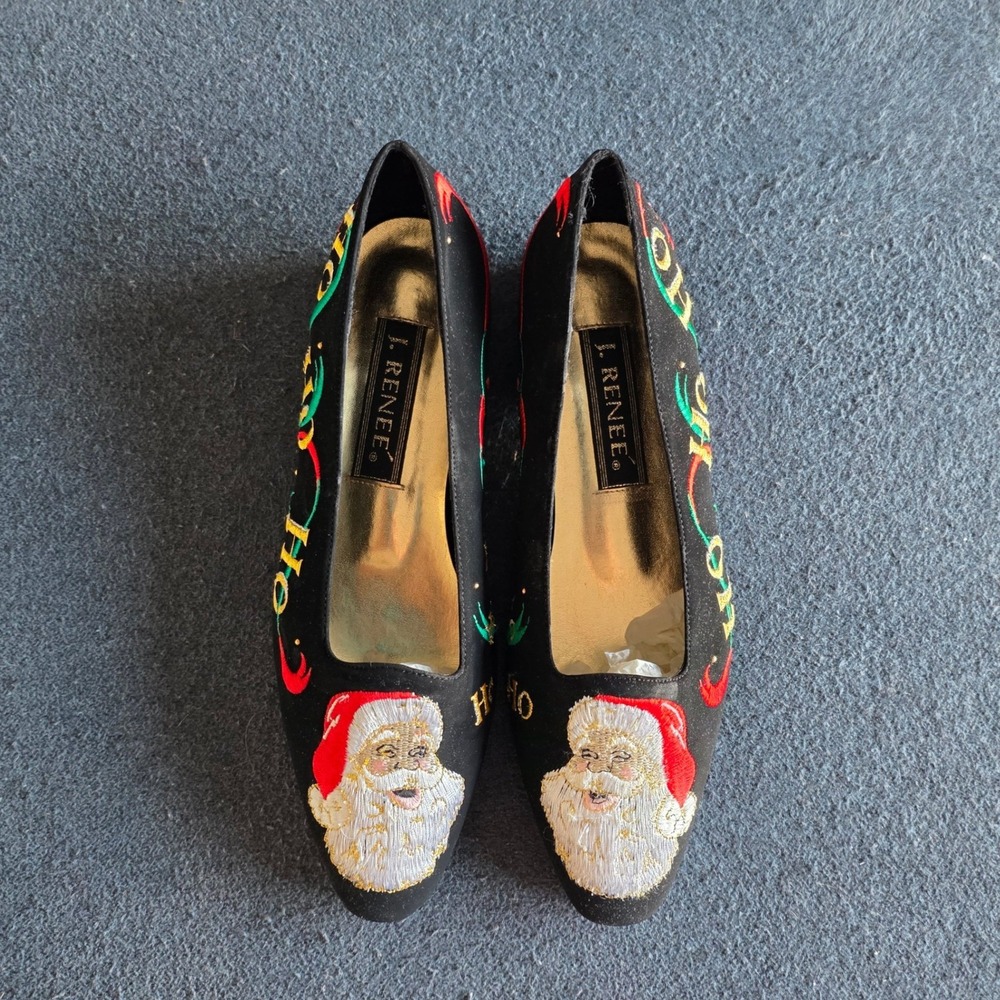 Vintage J. Renee Santa Flat Black Suede Embroidery Christmas Shoes Womens 8M